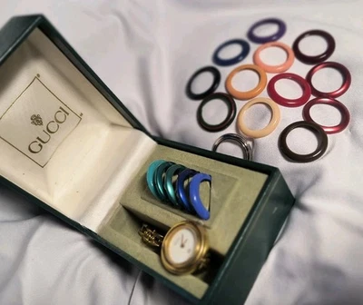 Vintage GUCCI Gold Watch 18 Interchangeable Color Bezels With Box - Image 1 of 4