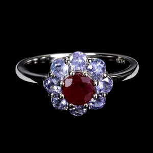 Summer 925 Sterling Silver Ring Round Ruby Tanzanite Natural Gemstone Flower Siz - Picture 1 of 14
