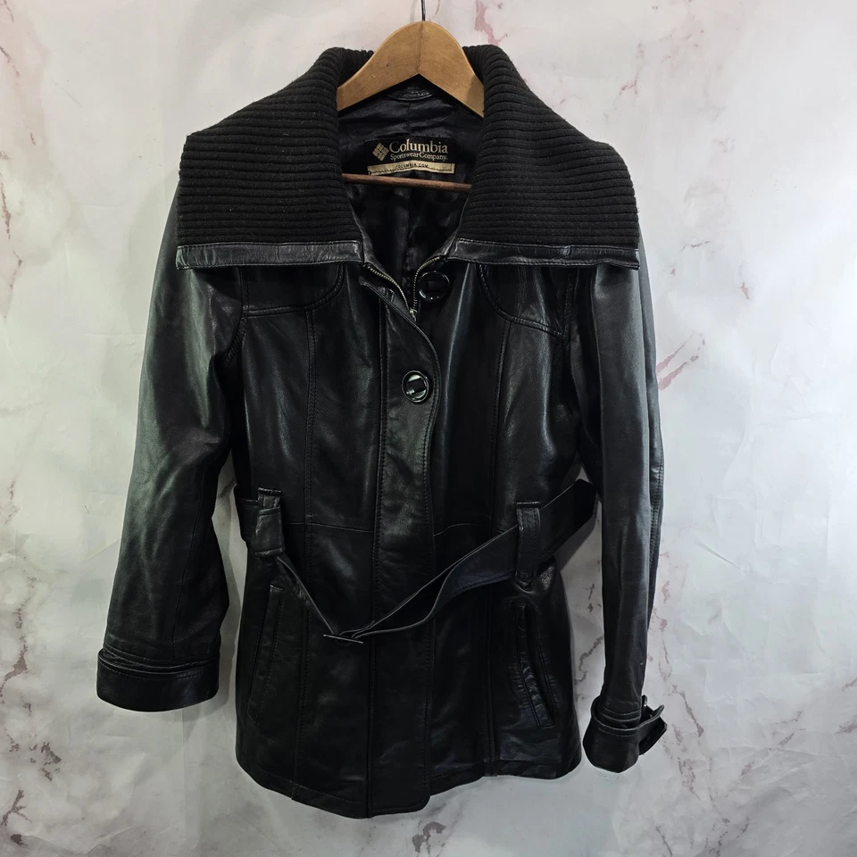 Columbia Jacket Womens Large Black Vintage Y2K Genuine Leather Assymetric RARE - Image 1 of 4