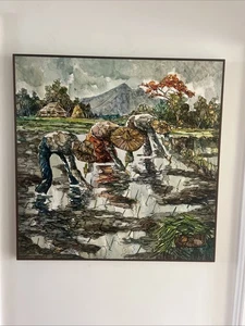 Grande quadro vintage di risaie raccoglitori di riso firmato quadrato 30" - Foto 1 di 16
