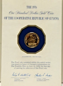 1976 Guyana $100 Proof Coin Franklin Mint .0897 AGW - Picture 1 of 3