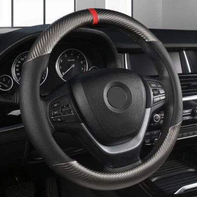 15" Car Steering Wheel Cover Black Leather Carbon Fiber Anti-slip Accessories - Image 1 of 4