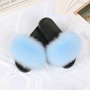 2022 New Womens Real Fox Fur Slides Slider Summer Slippers Sandals Furry Shoes
