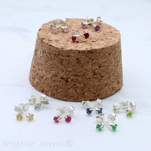 REAL SOLID 925 STERLING SILVER 3MM ROUND COLOURED CUBIC ZIRCONIA STUD EARRINGS - Picture 1 of 20