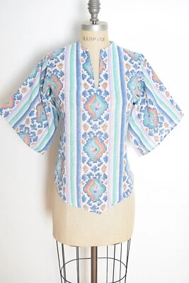 Blusa camisa boho hippie estampado suroeste top dashiki vintage años 70 blanca S Foto 1 de 4
