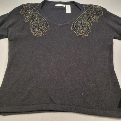 Suéter Liz Claiborne Vintage Años 90 Para Mujer Grande Negro Mezcla Lana de Cordero Cuentas Foto 1 de 4
