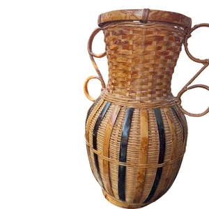 Tall Woven Rattan Vase - Natural & Dark Accents - Picture 1 of 8