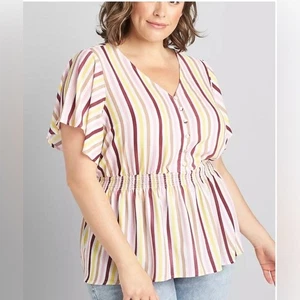 Lane Bryant Short Sleeve V-Neck Pink Yellow Smock Waist Top Size 20 - Picture 1 of 13