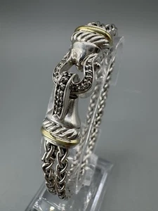 David Yurman 18K Gold 925 Sterling Diamond Double Wheat Chain Buckle Bracelet 7” - Picture 1 of 9