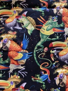 Bright Tropical Party Animals Parrot Tucan Lizard Turtles on Black Fabric 1Y - Picture 1 of 3