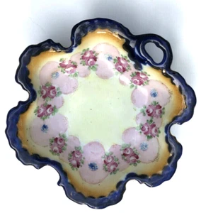 Vintage Porcelain Bowl Ruffled Edge Navy Gold Pink Flowers 7 1/4" Unique - Picture 1 of 5