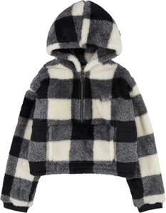 Levi's Sherpa Hoodie Girls Medium Black Check Long Sleeve Pullover Cozy ERK118 - Picture 1 of 8