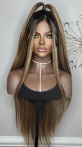 New Long Straight Half Up Ponytail Updo 360 Lace Front Wig Hair Blonde Brown Wig - Picture 1 of 13