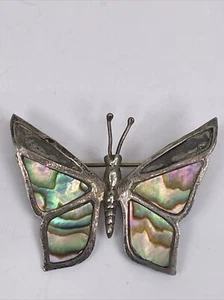 Butterfly Pin Signed Sterling Silver Mexico Abalone Brooch 925 Bohemian Jewelry - Picture 1 of 12