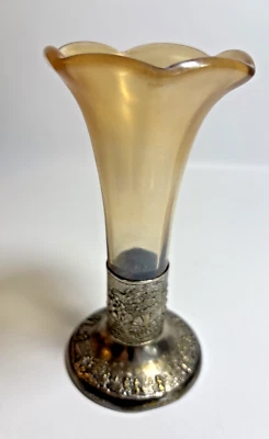 Florero vintage ámbar iridiscente vidrio florero base placa plateada por Sheffield 6" Foto 1 de 4