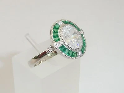 Anello Art Déco con design Halo in argento sterling 925 e anello verde smeraldo - Immagine 1 di 4