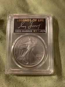 PCGS Legends Of Life Greg Maddux 2022 Silver Eagle MS70  First Strike Signed !!! - Picture 1 of 8