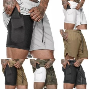 Men 2 in 1 Summer Sports Shorts Pants Running Fitness Gym Workout Pockets Bottom - Picture 1 of 9