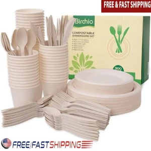 Biodegradable Disposable Plates Set 300 Pcs Eco Friendly Utensils Hot Food Safe - Picture 1 of 7