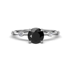 Round Black Diamond & Round Natural Diamond Engagement Ring 14K Gold JP:321950 - Picture 1 of 16