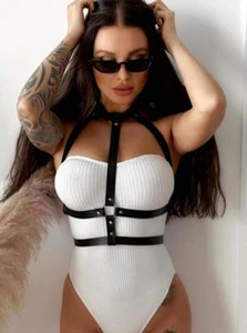 Women's Vegan Leather Chest Harness Corset Top - Plus Size Option - Customizable - Picture 1 of 6