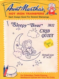 3832 Aunt Martha Embroidery Hot Iron Transfer Sleepy Bear Crib Quilt UNCUT OOP - Picture 1 of 1