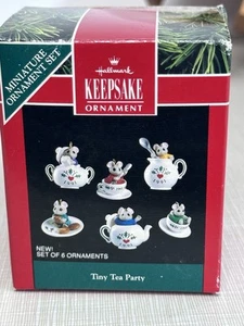 CIB Hallmark Keepsake Miniature Ornament Set Tiny Tea Party 1991 6 Mice in Cups - Picture 1 of 3