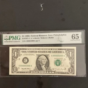 FR#1921-C$1.00 SERIES 1995 FRN.SERIAL #C00005000A.PMG GEM UNC 65 EPQ No RESERVE - Picture 1 of 2