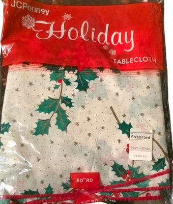 Jcpenney Holiday Tablecloth 60" Round Polyester/Cotton Blend Holly Berries NOS - Image 1 of 4