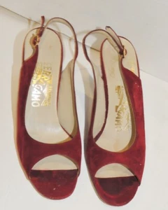 Salvatore Ferragamo Burgundy Suede Open Toe Heels sz 6 B - Picture 1 of 7