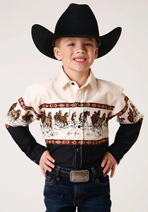 Roper Boys Kids Brown 100% Cotton Running Horse Border L/S Shirt - Picture 1 of 4