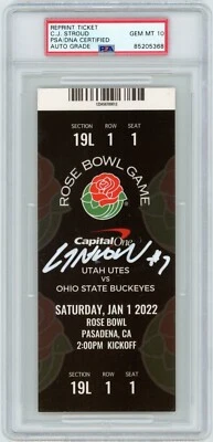 CJ Stroud Signed Commemorative 2022 Rose Bowl Ticket PSA GEM MT 10 AUTO - Image 1 of 2
