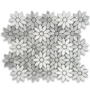 C9D5XP White Thassos Carrara Marble Daisy Flower Floral Mosaic Tile Polished - Picture 1 of 5