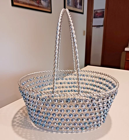 Oval Wire Basket Beaded with Handle Silver/Blue Cover