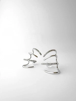 18K Solid White Gold Diamond Stacked Huggie Earrings 0.30ct VS Natural - Image 1 of 4