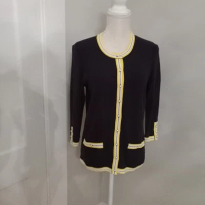 Talbots Small Petite Navy Cardigan Sweater Pearl Buttons Yellow Trim - Image 1 of 4