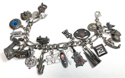 925 Sterling Silver Figaro Link Bracelet 7.5" with 23 Sterling Charms 78 grams - Image 1 of 4