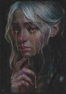 original painting A4 81GK artwork gold acrylic, pastel modern woman portrait - Picture 1 of 4