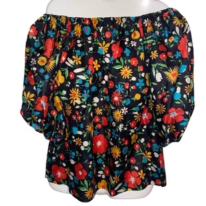 Vintage Joseph Magnin Blouse Womens Small Silky Puff Sleeve Tropical Top & Scarf - Bild 1 von 12
