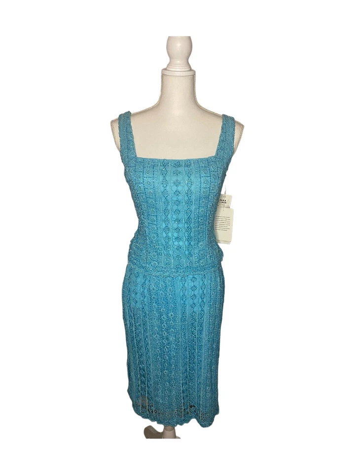 Nuevo con etiquetas Raro De Colección Conjunto de Falda Midi Con Cuentas Tejido Azul Turquesa Sin Mangas 2 piezas Talla 10 $399 Foto 1 de 4