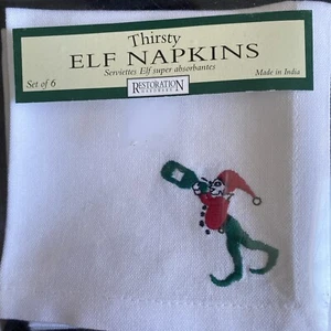Holiday Cocktail Napkins Thirsty Elf Restoration Hardware 6 in Box 100% Cotton - Picture 1 of 5