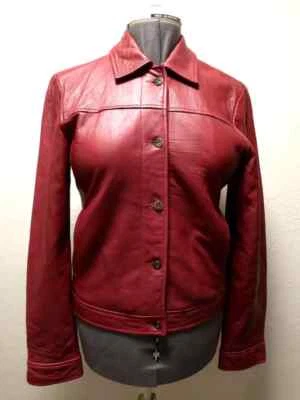 Vintage DKNY Women's Red New Zealand Finest Leather Button Front Bomber Jacket 8 - Image 1 of 4
