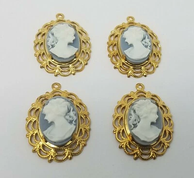 4 piezas 18 mm De Colección Azul Victoriano Dama Artesanal Joyería Camafeos Filigrana Dorada Ajustes Foto 1 de 4