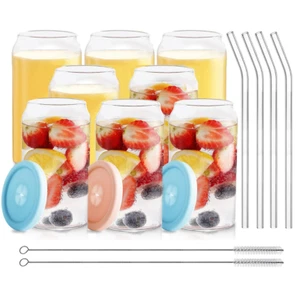 20 Unzen Glas Tasse 8er Set mit Silikondeckel & Strohhalme Wiederverwendbar Eiskaffeebecher - Bild 1 von 6