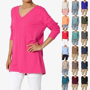 Women's Ultra Soft Jersey Chest Pocket Loose Fit Long T-Shirt Long Sleeve Tee - Picture 1 of 123
