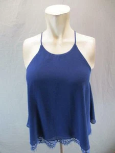 NWT Soprano Size S Womens Navy Chiffon Lace Cross Back Blouse Tank Top 6G970 - Picture 1 of 7