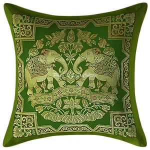 Elephant Indian Cushion Cover Olive Green Brocade Pillow Case Cover Throw - Picture 1 of 3