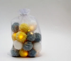 20 LED battery operated Yellow, Grey & White Pom Pom Fairy Lights - Picture 1 of 1