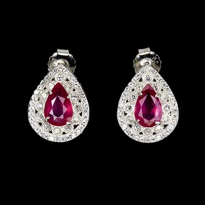 925 Sterling Silver Earrings Pear Ruby 9x6mm Gemstone Jewelry - Image 1 of 4