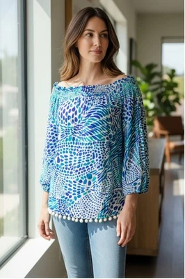 Lilly Pulitzer Blouse Womens XL Nita Off Shoulder Blue Tang Gang Print Pom Pom - Image 1 of 4